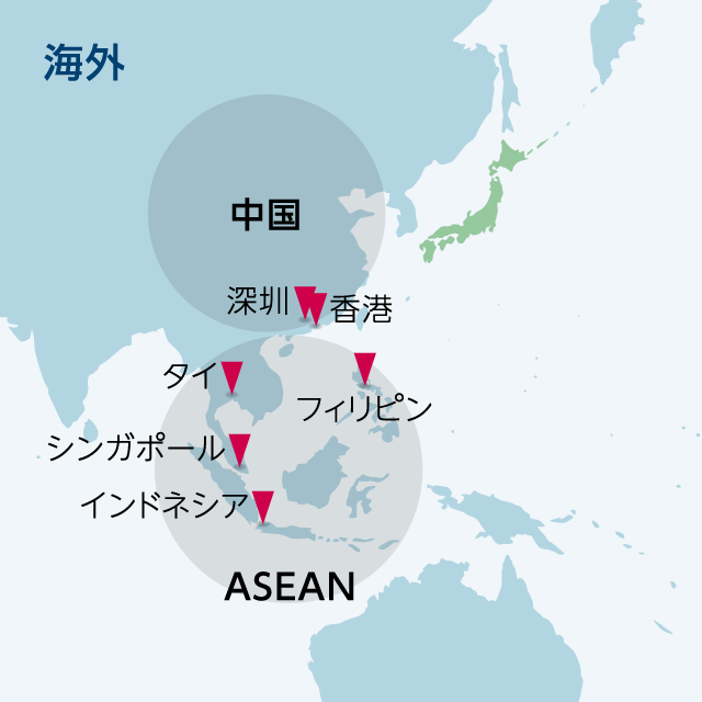 興和江守の拠点が示された世界地図（海外）