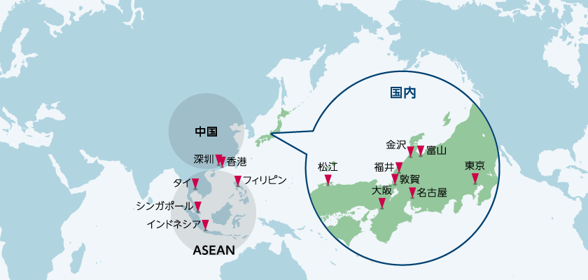 興和江守の拠点が示された世界地図